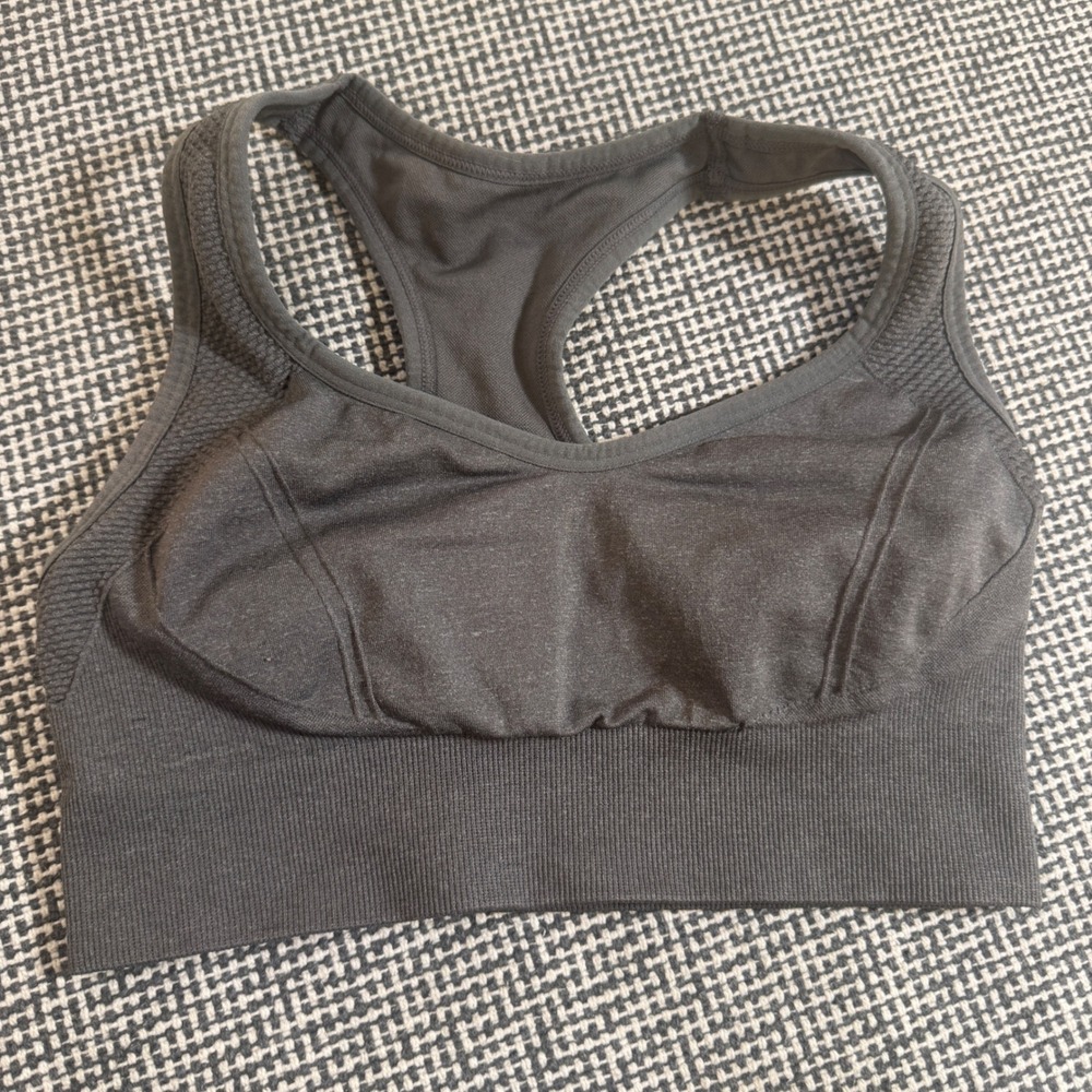 Womens Dark Gray Seamless Racerback Sports Bra Keyhole Back Ribbed Band XS